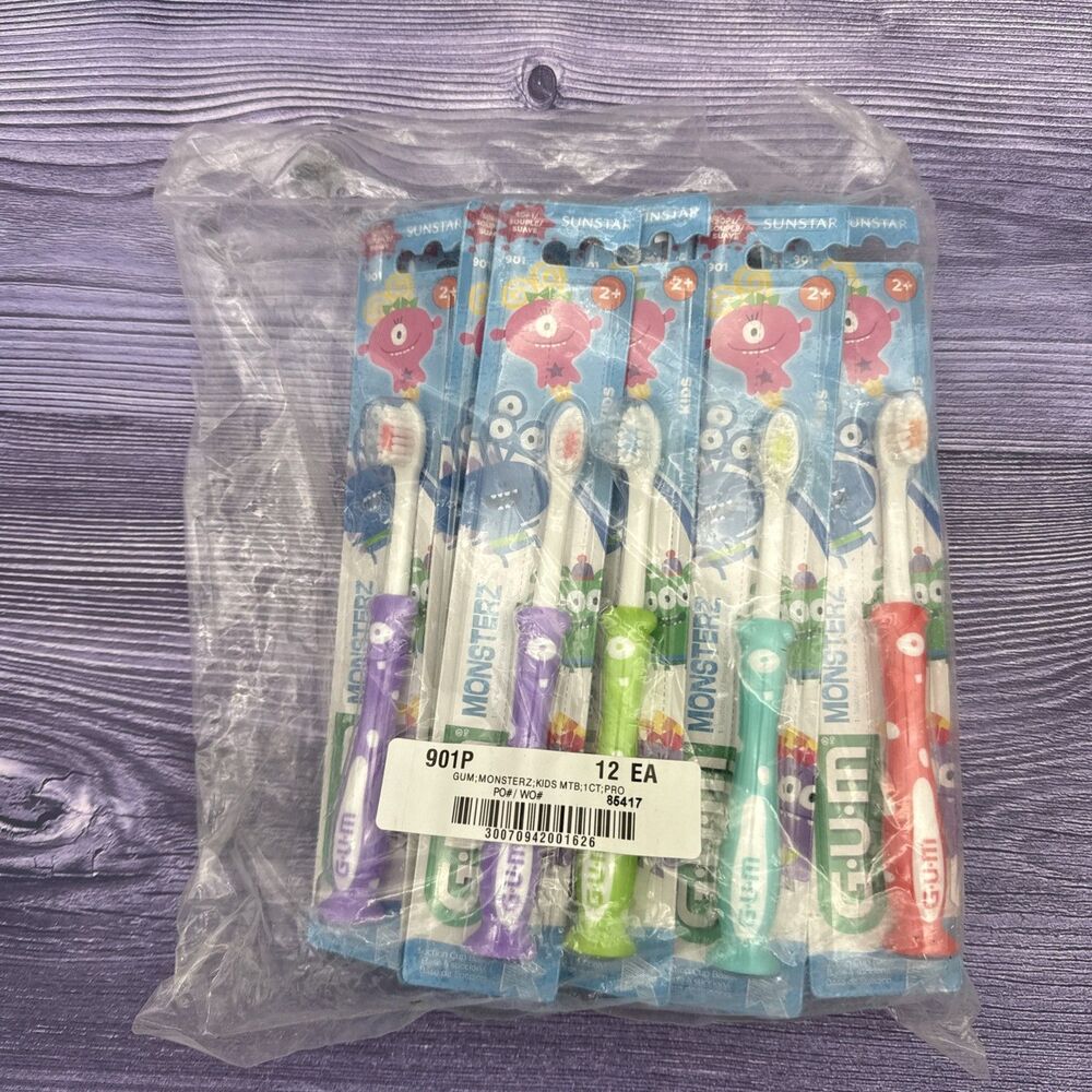 12 Gum Monsterz Kids 2+ Sunstar 901 Soft Toothbrush W/ Suction Cup Base